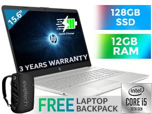 HP 15-dw2002ni Notebook Intel Core i5-1035G1 up to 3.60GHz Processor, 6MB Cache, 4x Cores, 8x Threads / 12GB DDR4 RAM / 128GB Ultra-Fast SSD + 1TB Hard Drive / 15.6" FHD 1920 x 1080 Anti-Glare Display / Intel® UHD Graphics / Windows 10 Home 64bit / 802.11b/g/n/ac Wireless LAN / Bluetooth 4.2 / 1 x HDMI / 1 x USB 3.1 Type C / 2 x USB 3.1 Type A / Multi-format SD Card Reader / 1x Headphone and Microphone Combo Jack / HP True Vision 720p HD camera with integrated dual array digital microphones / Full-size natural silver keyboard / No DVD Drive Included / Up to 5 hours and 15 minutes battery life / <span style="color:red; font-size: 18px;">3 Years On-Site Warranty</span> / Supports battery fast charge: approximately 50% in 45 minutes / HP 15 3H798EA 10th Gen Core i5 Laptop