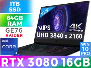 MSI GE76 Raider 11UH 11th Gen Intel Core i9-11980HK up to 5.00GHz Processor, 24MB Cache, 8x Cores, 16x Threads / 64GB DDR4 RAM / 1TB Ultra-Fast NVMe SSD / 17.3" 4K UHD (3840 x 2160) Anti-Glare 120Hz IPS-Level Display / NVIDIA 30 Series GeForce RTX 3080 16GB GDDR6 Desktop Level Graphics / <span style="color:red; font-size: 17px;">Windows 10 Professional (64bit)</span> / Killer ax Wi-Fi 6E Wireless LAN / Bluetooth v5.2 / Killer Gb LAN / FHD type (30fps@1080p) Web Camera / Steelseries Per Key <span style="font-size: 20px; color: rgb(255, 0, 0);">R</span><span style="font-size: 20px; color: rgb(51, 153, 0);">G</span><span style="font-size: 20px; color: rgb(51, 102, 255);">B</span></span> Backlit Gaming Keyboard / 3 x USB 3.2 Type-A / 1x Type-C (USB / DP / Thunderbolt™ 4) / 1x Type-C USB3.2 Gen2 / 1x HDMI (8K @ 60Hz / 4K @ 120Hz) / 1 x Mini DisplayPort / 1x Mic-in/Headphone-out Combo Jack / 1 x Card Reader / Nahimic in-game 3D surround / Advance Cooler Boosts 5 Cooling System / <span style="color:blue; font-size:18px;">2 Year MSI Warranty</span> / FREE MSI Gaming Backpack / MSI GE76 Raider 11UH Core i9 RTX 3080 4K Gaming Laptop