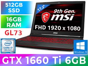 MSI GL73 9SD 9th Gen Intel Core i7-9750H up to 4.5GHz Processor, 12MB Cache, 6x Cores, 12x Threads / 16GB DDR4 RAM / 512GB Ultra-Fast NVMe SSD / 17.3" FHD 1920x1080 Anti-Glare Display / NVIDIA GeForce GTX 1660 Ti 6GB GDDR6 Graphics With Desktop Level Performance / Windows 10 Home (64bit) / Steelseries Single RED Color Backlit Gaming Keyboard / HD Web Camera (30fps@720p) / Bluetooth v5 / SD (XC/HC) Card Reader / 802.11ac Wireless LAN / 1 x USB 3.1 Type-C / 3 x USB 3.1 Type-A / 1 x HDMI / 1 x Mini Displayport  / Virtual Surround Sound Powered by Nahimic 3 + 2 x 3W Giant Speaker / <span style="color:blue; font-size: 18px;">2 Year MSI Warranty</span> / Cooler Boost 5 Technology / MSI GL73 9th Gen Core i7 GTX 1660 Ti Gaming Laptop